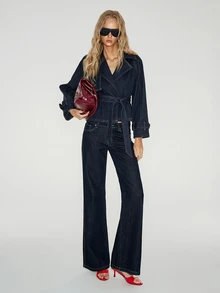 ATUI Studio Jaket Denim Kasual Serbaguna untuk Wanita dengan Tali Pinggang untuk Pemakaian Sehari-hari - Dark Wash - View 3