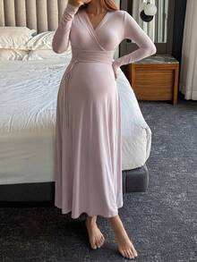 Dazy Maternity Solid Color Fitted Cinched Waist Ruched Tie Long Sleeve V-Neck Casual Vacation Daily Spring Autumn Dress Maternity Dress - Pink - View 6