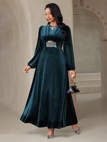 Veilorie فستان حفلة فاخر أنيق جديد مزين بالراينستون الثقيل بتصميم خصر مشدود وطيات أنيقة - أخضر داكن - مشاهدة 4