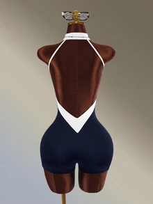 Amplova Backless Halter Neck Fitted Athletic Romper - Navy Blue - View 9
