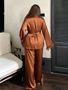 Dazy Plus Elegant Contrast Color Striped Cuff Lace Patchwork 2-Piece Set New Year Red Pajama Set Fall - Orange - View 2