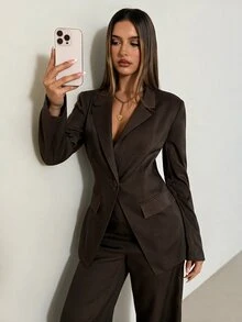 Aloruh 女款純色翻領長袖夾克與長褲休閒套裝 - 咖啡棕 - 查看 4