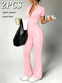 Dewbera Dewbera 2PCS Women's Sports Set Blush Pink Tight Fit Raglan Short Sleeve Color Block Split Stand Collar Full Zip Jacket Flare Pants Workout Yoga Gym Summer - Pink - View 1