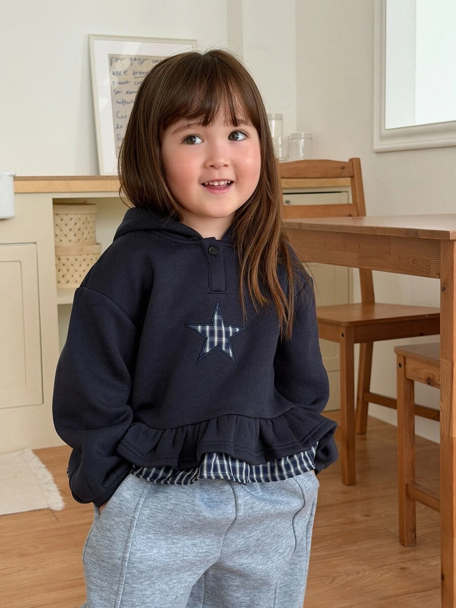DAZY Baby Girls Hooded Five-Point Star Korean Style Long Sleeve Autumn/Winter Sweatshirt - Navy Blue - View 1