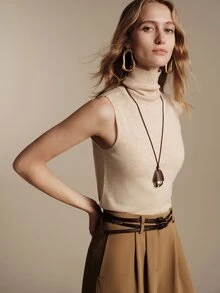 Anewsta Essential Internet Celebrity High-End High Neck Knitted Sleeveless Vest, Solid Color Soft Loose Versatile Outerwear Layering Knit Vest - Khaki - View 5