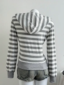 INAWLY European Women's Casual Hooded Grey Striped Knit Cardigan, Spring High Waist Short Jacket, Long Sleeve - Grey - View 2
