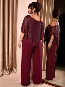 Cravure Plus Size Women's 2 Pieces Set With Sequin Patchwork Asymmetrical Top And Casual Long Pants, Cold Shoulder Vintage Commute Elegant Lady Intellectual Vacation Party Outfit - Burgundy - View 3