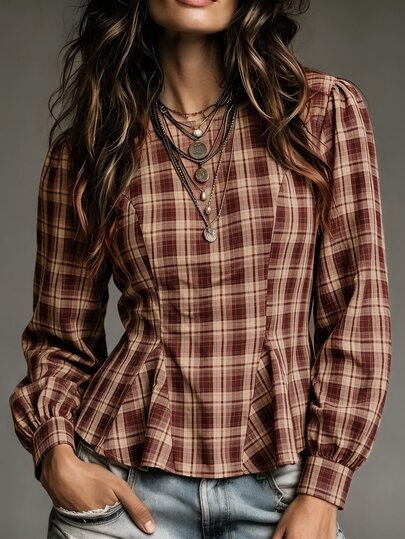 SHEIN Women's Vintage Plaid Round Neck Petal Sleeve Blouse, Slimming Waist Fishtail Hem Lantern Long Sleeve Plaid Top, Preppy Style Ruched Waist Ruffle Hem Shirt