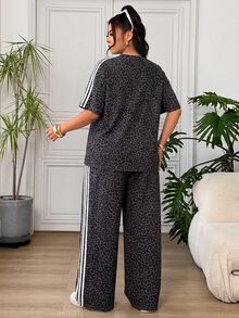 SHEIN EZwear 大尺碼女款豹紋拼色上衣與長褲休閒日常穿搭套裝 - 深灰色 - 查看 2