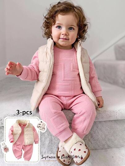 Cozy Pixies Baby Girl Casual Comfortable Versatile Cute Crew Neck Sweatshirt Long Vest Sleeveless Thick Outerwear Set