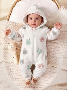 SHEIN Bộ romper có mũ cho trẻ sơ sinh, họa tiết thỏ hoạt hình, khóa kéo phía trước - Màu be - Xem 5