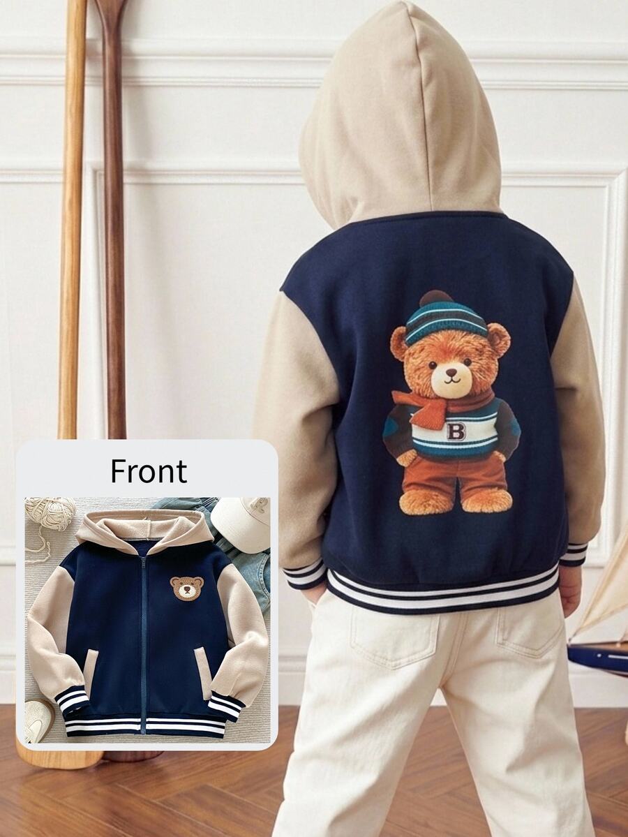 PrepCrw Young Boy Colorblock Bear Print Back Zipper Hooded Jacket - Multicolor - View 1