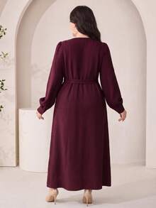 Feyla Plus Size Women's Floral Print Round Neck Long Sleeve Elegant Dress - Burgundy - View 2