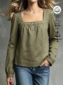 Louniche Square Neck Half Button Puff Long Sleeve Cotton Fall Winter Casual Blouse - Army Green - View 4