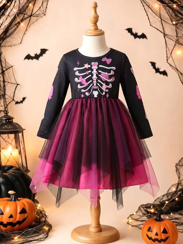 1pc Girls Halloween Theme Long Sleeve Mesh Dress, Black Round Neck, Body Printed With Pink & White Cartoon Skeleton Bone Print, Decorated With Bows, Hearts, Candies, Stars Cute Patterns, Sleeves Continue Same Bone Print, Fun & Sweet Cool, Girls Quirky Cartoon Mesh Party Dress