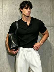 Gym Rark Men's Solid Color Button Half-Placket Short Sleeve Sports T-Shirt - Black - View 1