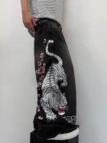 STEELVANCE 男士街頭風復古時尚百搭做舊水洗虎頭刺繡寬鬆寬腿休閒牛仔褲（不含腰帶與配件） - 黑色 - 查看 4