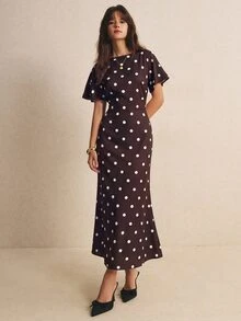 Poéselle 女款法式波點印花收腰優雅洋裝 - 棕色 - 查看 1