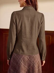 Vintamour 復古優雅女款襯衫，對比色蝴蝶結、珍珠鈕扣、百褶翻領，休閒通勤度假節慶上衣 - 棕色 - 查看 6