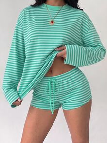 Aloruh 女款初秋休閒薄荷綠條紋圓領長袖上衣與抽繩腰短褲兩件套 - 薄荷綠 - 查看 3