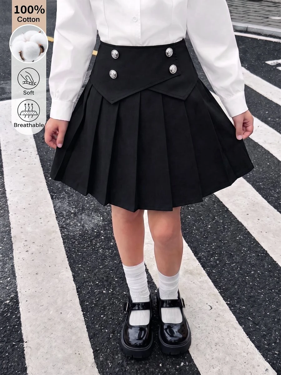 SHEIN 女童基本款黑色百褶裙，秋冬款，精緻摺疊腰部設計，棉混紡面料，適合學校、外出及多種場合