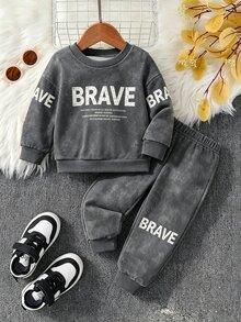 男嬰深灰色運動套裝，時尚 BRAVE 字母圓領衛衣與長褲，秋冬款，適合戶外與街頭穿著 - 彩色 - 查看 1