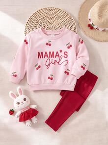 SHEIN 2pcs/Set Cute Cherry Pattern Sweatshirt & Elastic Waist Long Pants Outfit For Baby Girls - Pink - View 11