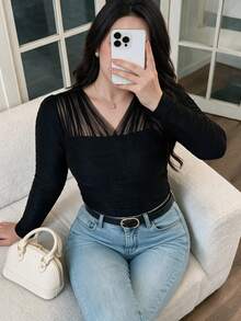 Feyla 大尺碼女款純色拼接網紗長袖修身時尚襯衫 - 黑色 - 查看 7