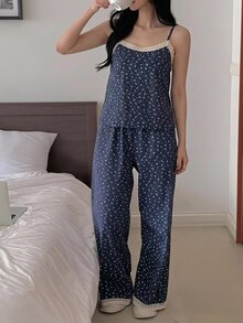 DAZY 2件組碎花拼接配色短袖T恤與長款睡褲套裝，夏季女款睡衣 - 藏蓝色 - 查看 6