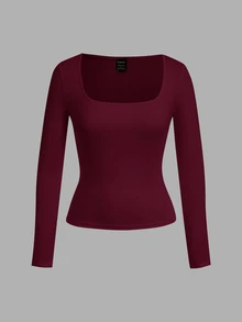 SHEIN EZwear 女款 2 件組 方領修身長袖休閒 T 恤連身衣套裝 - 彩色 - 查看 3