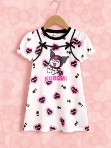 HELLO KITTY AND FRIENDS | SHEIN Gaun Anak Perempuan Motif Kartun dengan Lengan Berbentuk Kelopak Bunga dan Hiasan Pita - MultiWarna - View 3
