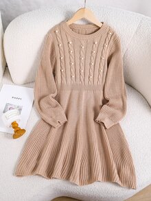 Girls' Autumn/Winter Fashion Handmade Beaded Heavy Craft Twisted Rope A-Line Long Sleeve Dress - Camel - View 1