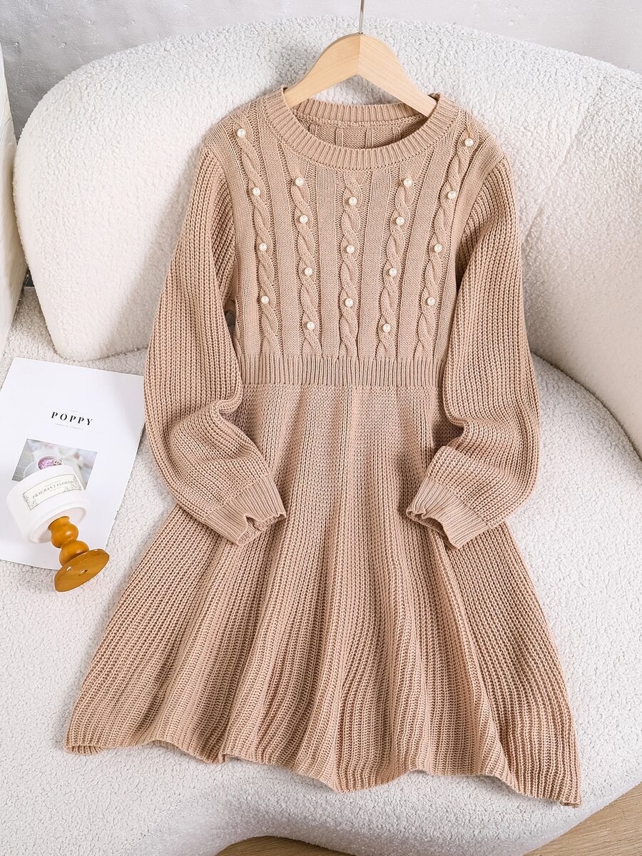 Girls' Autumn/Winter Fashion Handmade Beaded Heavy Craft Twisted Rope A-Line Long Sleeve Dress - Camel - View 1