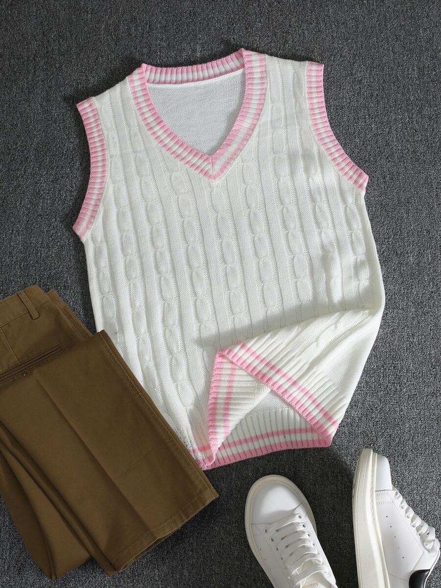 NEOSTRIT Men's Striped V-Neck Casual Versatile Knit Vest - White - View 1