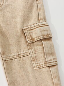 SHEIN Genkimix Kids 男童卡其色牛仔工裝褲，冬季休閒日常穿著，彈性腰頭附可調節抽繩，大口袋，寬鬆直筒版型，四季皆宜 - 卡其色 - 查看 5