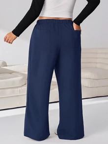 Solflare Casual Versatile Solid Color Loose Plus Size Pants - Navy Blue - View 2