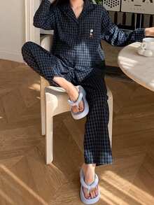 DAZY Contrast Color Plaid Pattern Embroidered Loose Long Sleeve Top & Straight Leg Pants Casual Daily Home Wear Spring Autumn Maternity 2 Pieces Set - Blue - View 4