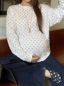 Dazy Maternity Contrast Polka Dot Loose Long Sleeve Crew Neck Casual Vacation Daily Versatile Spring Autumn Maternity T-Shirt - White - View 4
