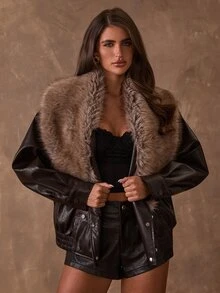 SHEIN BAE Women's Loose Short Faux Leather Motorcycle Jacket With Fur Collar, Faux Fur Lining, Thickened - Black - View 3