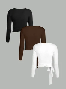 DrmWander Plus Size Solid Color V-Neck Tie Wrap Long Sleeve Cropped T-Shirt - Multicolor - View 2