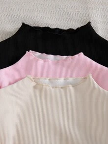 SHEIN 3件組少女甜美風假領長袖T恤，黑色、粉色、杏色，荷葉邊羅紋高領加厚上衣，適合生日派對、冬季秋季聖誕節穿著 - 彩色 - 查看 4