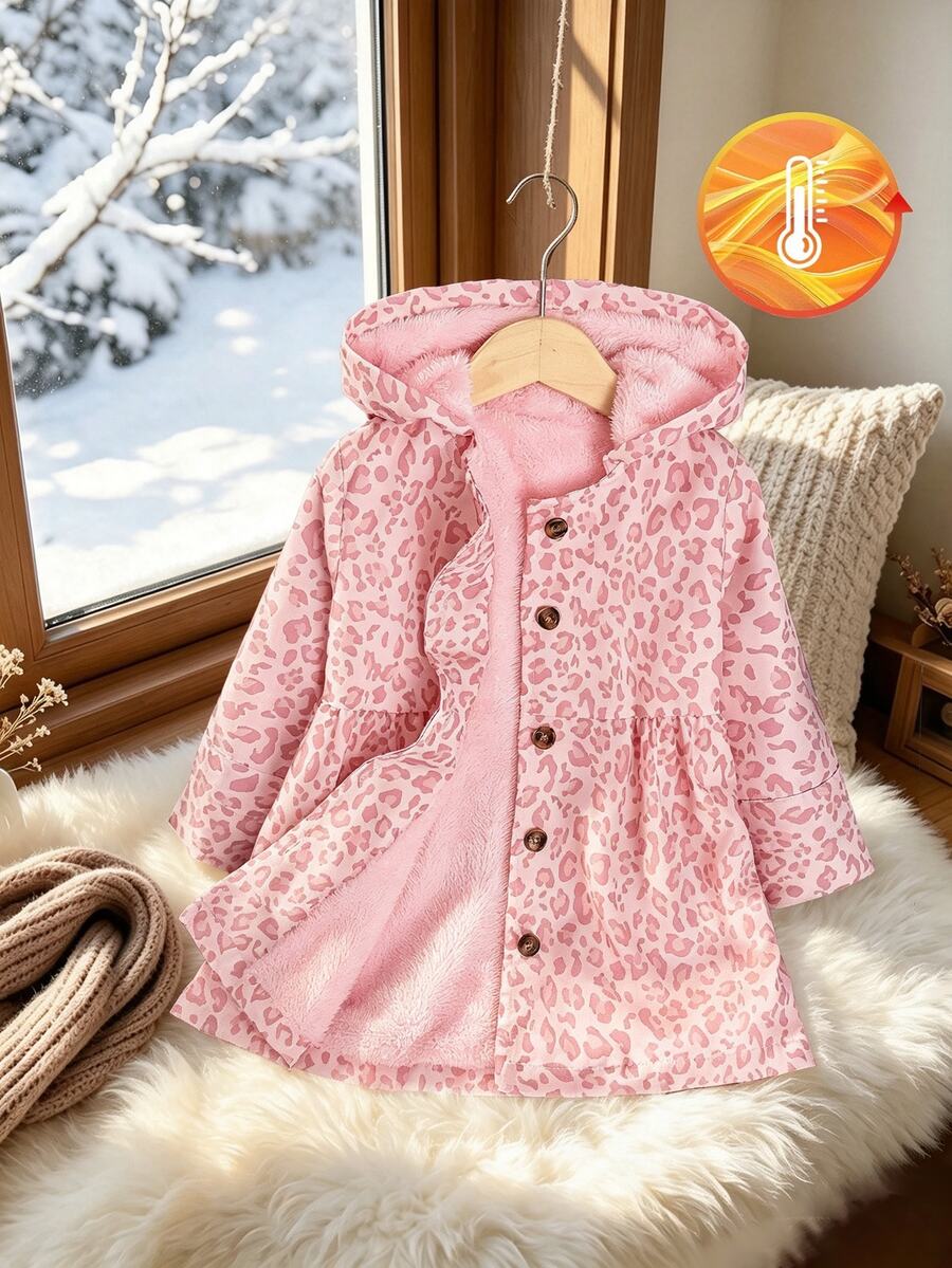 SHEIN Girls Pink Leopard Print Hooded Thermal Lined Mid-Length Coat, Young Girl Button-Up Ruched Thickened Jacket, Autumn/Winter - Pink - View 1