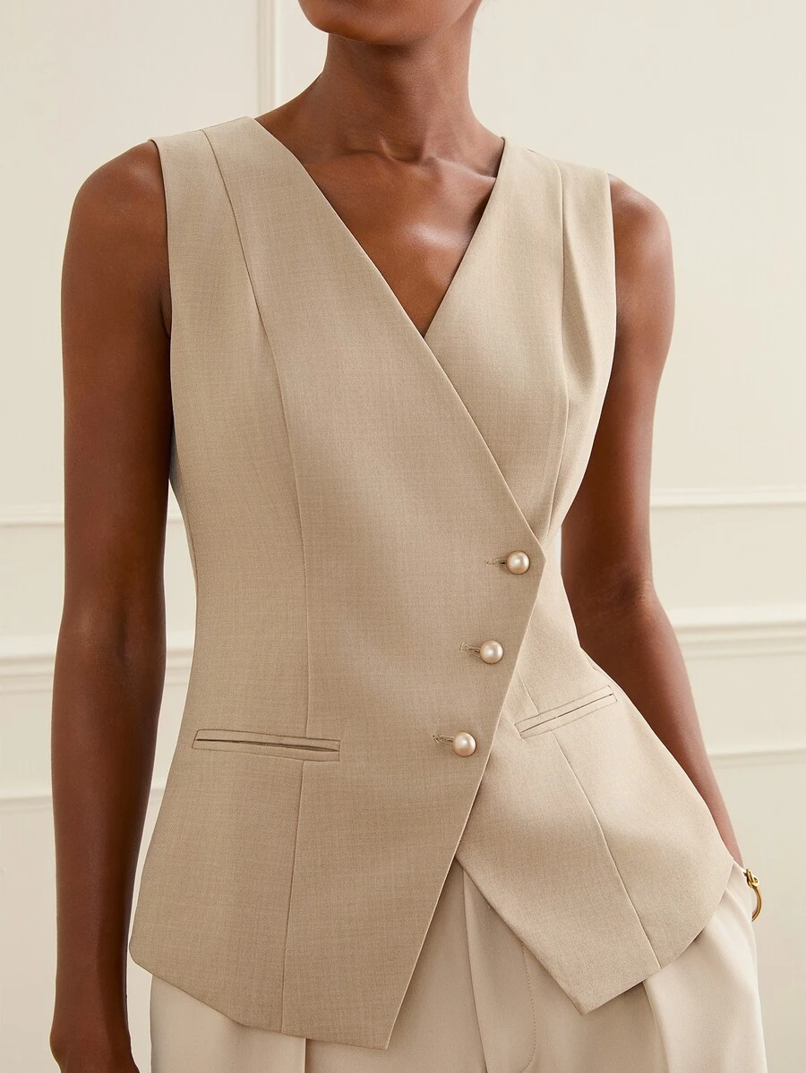Lilora Women's Elegant High-End Sleeveless Asymmetric Blazer Fashionable Versatile Jacket Suitable For Commuting Daily Casual Business Office Fall Beige - Khaki - View 1