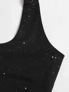 Sweetra Women's Black Sequin Simple Casual Comfortable Versatile U-Neck Tank Top - Black - View 3