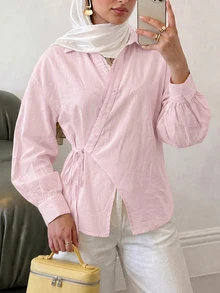 Solavon 女款休閒前綁帶式裹身襯衫，秋季 - 粉色 - 查看 5