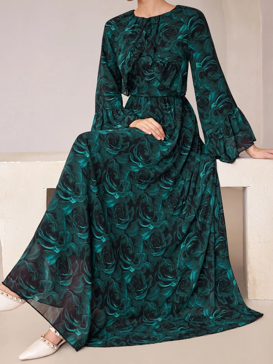 Graceveil Dark Green Floral Textured Chiffon Long Dress With Pleated Ruffle Hem, Round Neck, Loose Flare Sleeves, Elegant Style