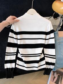 GlowEve 2000s Vintage Mock Neck Slim Fit Colorblock Knit Top, Flattering Neckline And Silhouette, Suitable For All Seasons - White - View 2