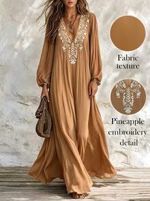 Breezaya Women's Fashion Elegant Vacation Style Embroidered Long Sleeve Dress - Brown - View 1