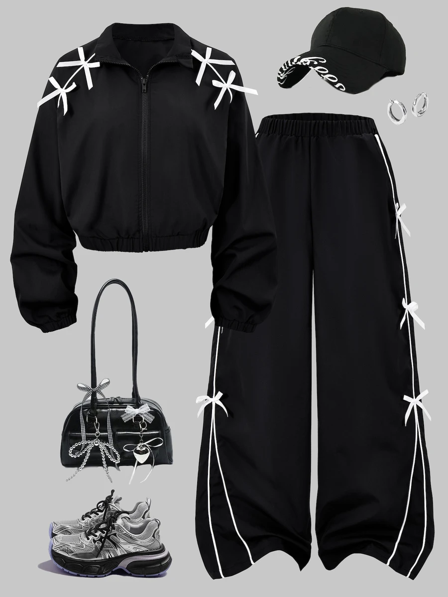 SHEIN 2件組時尚休閒女款/青少年新款黑色針織拼接白色飾邊拉鍊立領夾克與白色飾邊寬鬆長褲套裝 - 黑色 - 查看 1