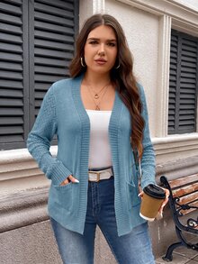 SHEIN LUNE 大尺碼休閒百搭純色藍色針織開襟衫 女款修身開襟衫 適合秋冬 - 淺藍色 - 查看 4